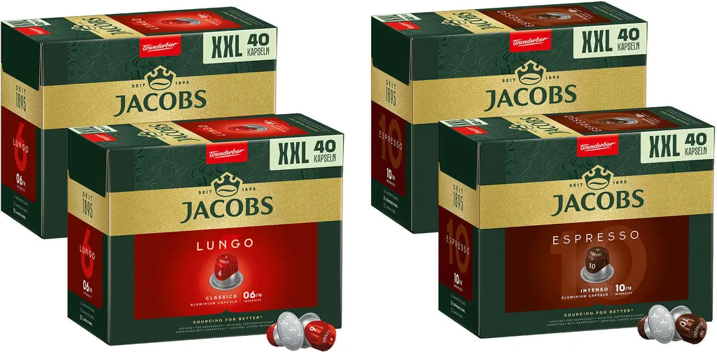 JACOBS capsules Nespresso®* compatible 2 x 40 Lungo 6 Classico + 2 x 40 Espresso 10 Intenso XXL-Pack - total 160 drinks