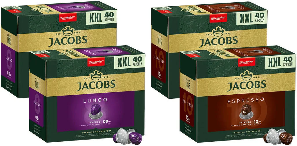JACOBS capsules Nespresso®* compatible 2 x 40 Lungo 8 Intenso + 2 x 40 Espresso 10 Intenso XXL-Pack - total 160 drinks