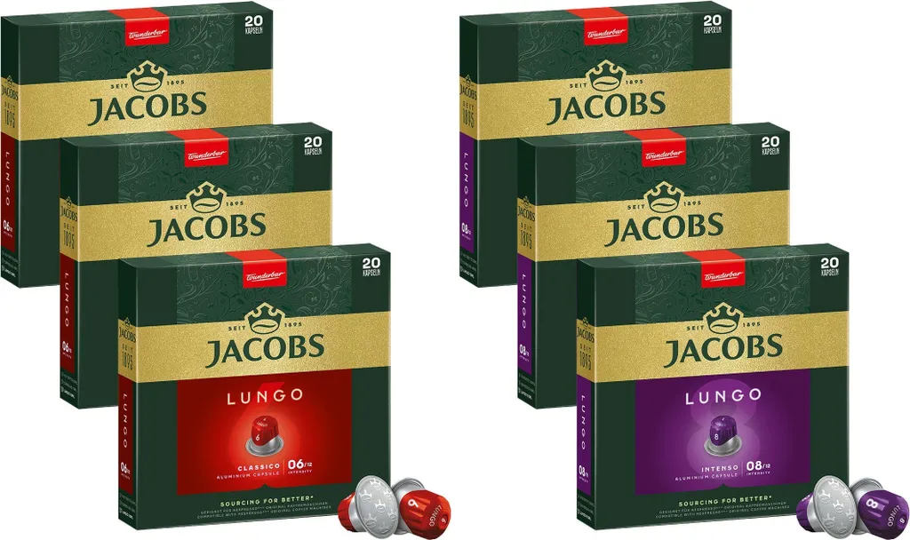 JACOBS capsules Nespresso®* compatible 3x20 Lungo 6 Classico + 3x20 Lungo 8 Intenso - total 120 drinks
