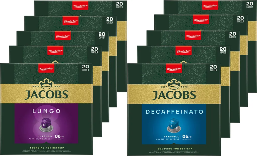 JACOBS capsules Nespresso®* compatible 5x20 Lungo 8 Intenso+ 5x20 Decaffeinato 6