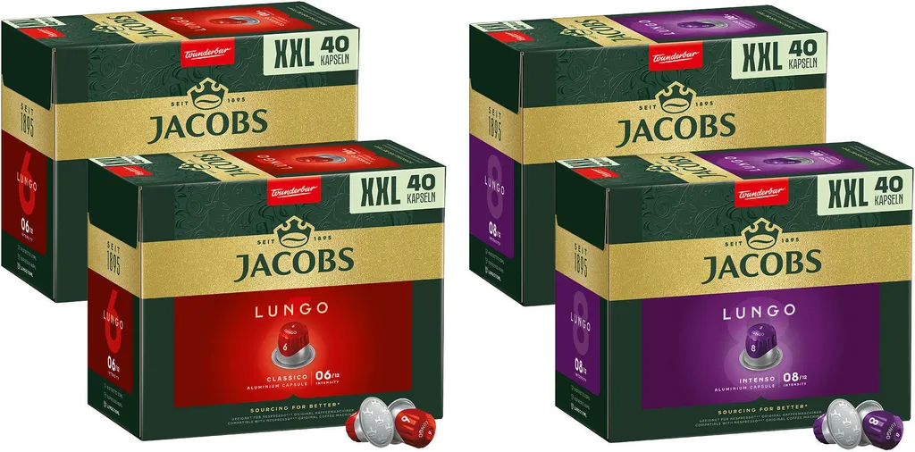 JACOBS capsules Nespresso®* compatible 2 x 40 Lungo 6 Classico + 2 x 40 8 Intenso XXL packs - total 160 drinks