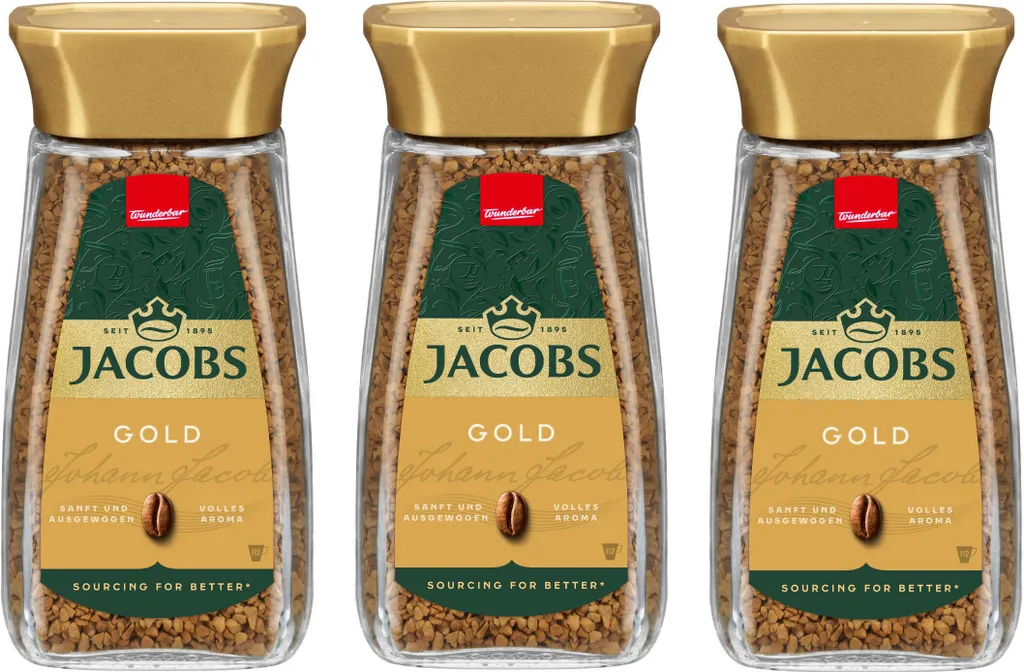 JACOBS Löskaffee Gold Instantkaffee 3 x 200 g Gläser löslicher Kaffee unterwegs