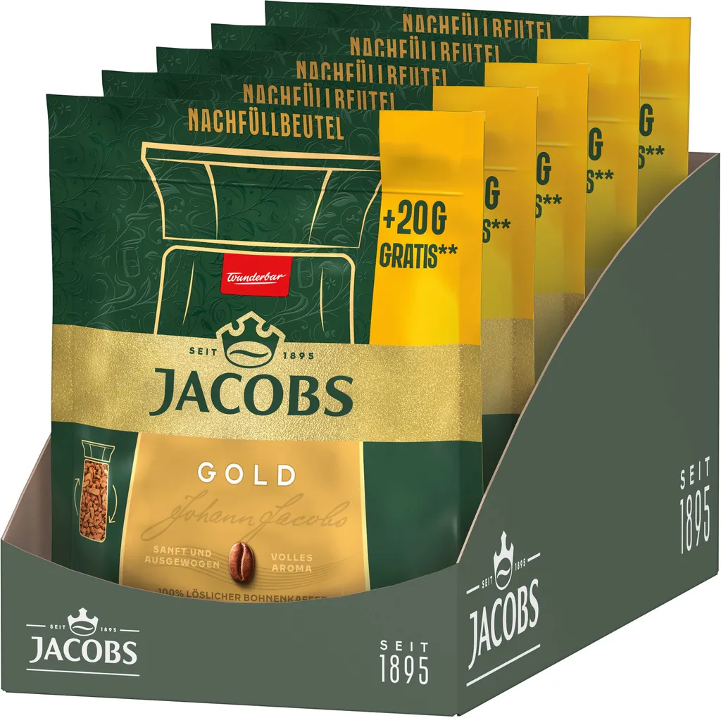 JACOBS Löskaffee Gold Nachfüllbeutel 5 x 220 g löslicher Kaffee Instantkaffee