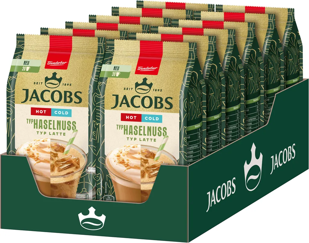 JACOBS Löskaffee TYP HASELNUSS LATTE Hot Cold 12 x 340 g Beutel Instantkaffee