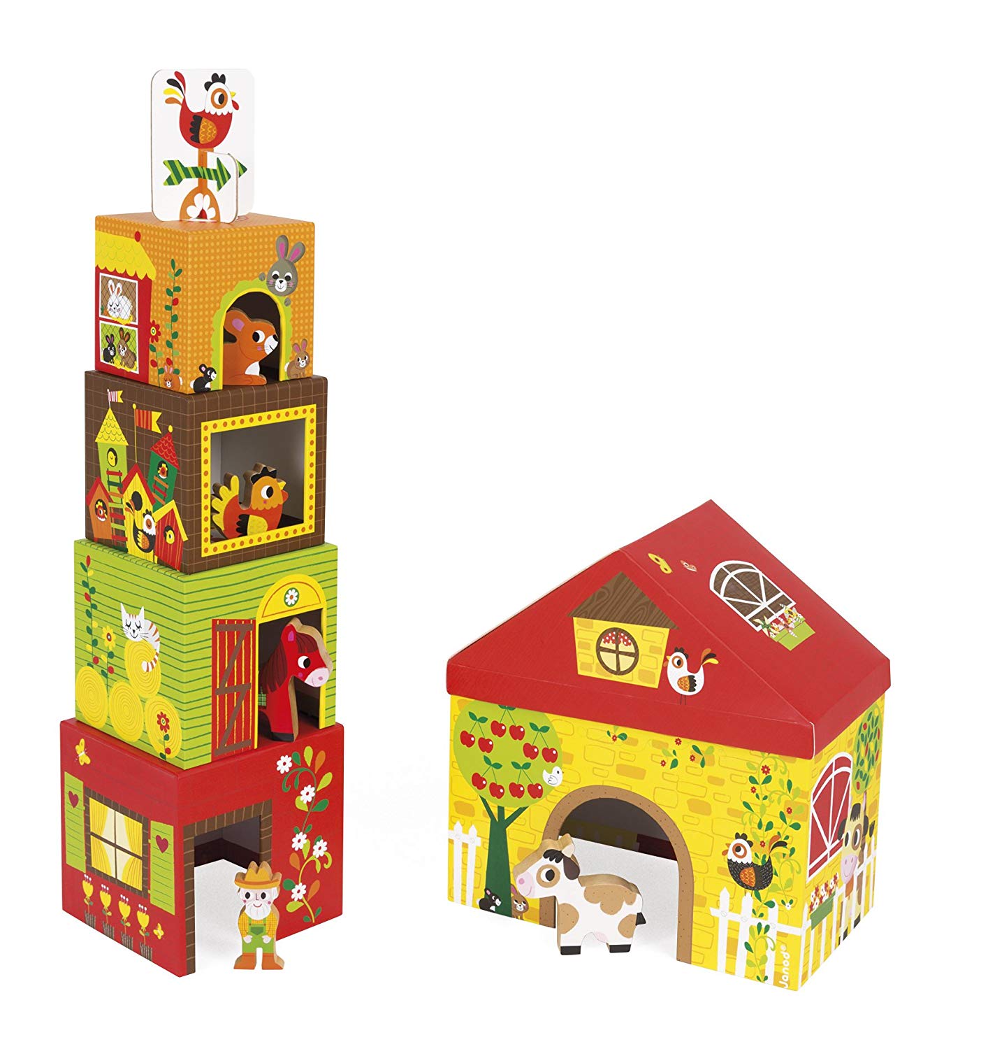 Janod - Multikub Stacking Tower Circus With 5 Wooden Figures, Farm