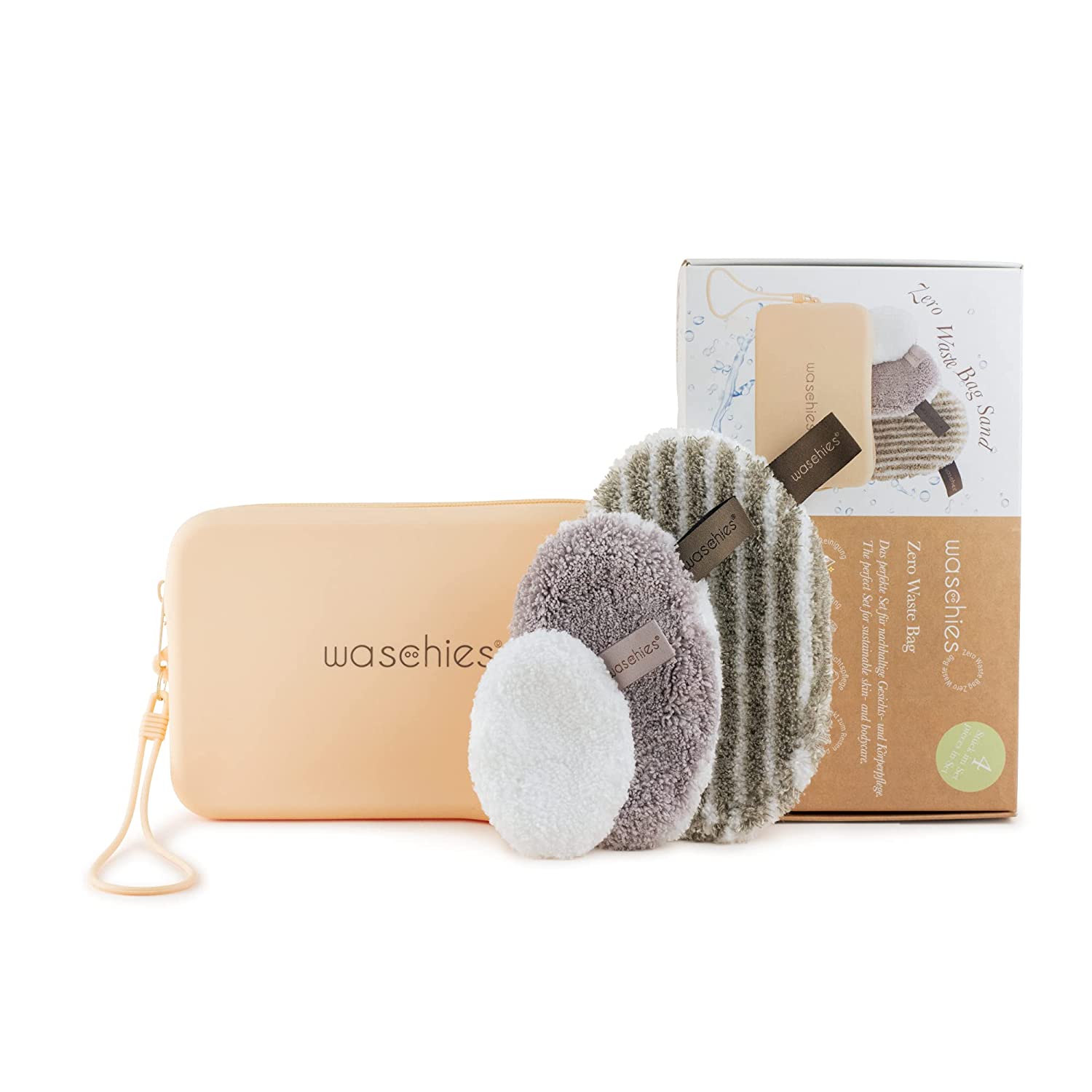 Waschies Zero Waste Bag Sand Edition - Travel Bag Sand, Exoliating Pad, Make -up and Cleaning Pad, Toner Pad