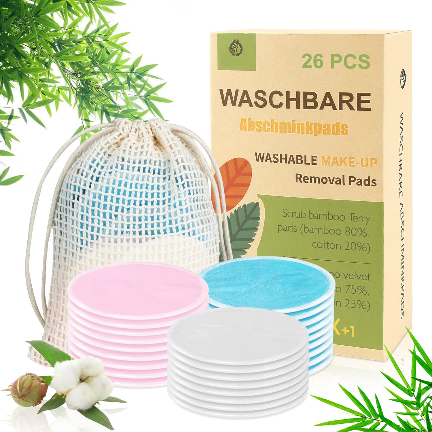 CUSMAY Washable Make-Up Pads, Pack of 26 Reusable Bamboo Cotton Pads, Make-Up Wipes Made of Bamboo & Cotton with Laundry Bag, Makeup Remover Pads, Environmentally Friendly, Zero Waste for Facial Cleansing