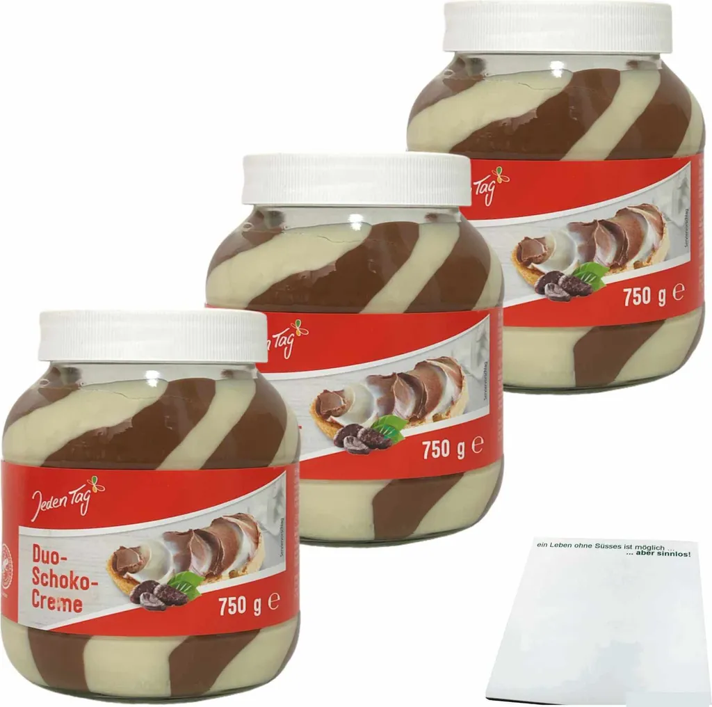 Jeden Tag Duo-Schoko-Creme Süßer Brotaufstrich 3er Pack (3x750g Glas) + usy Block