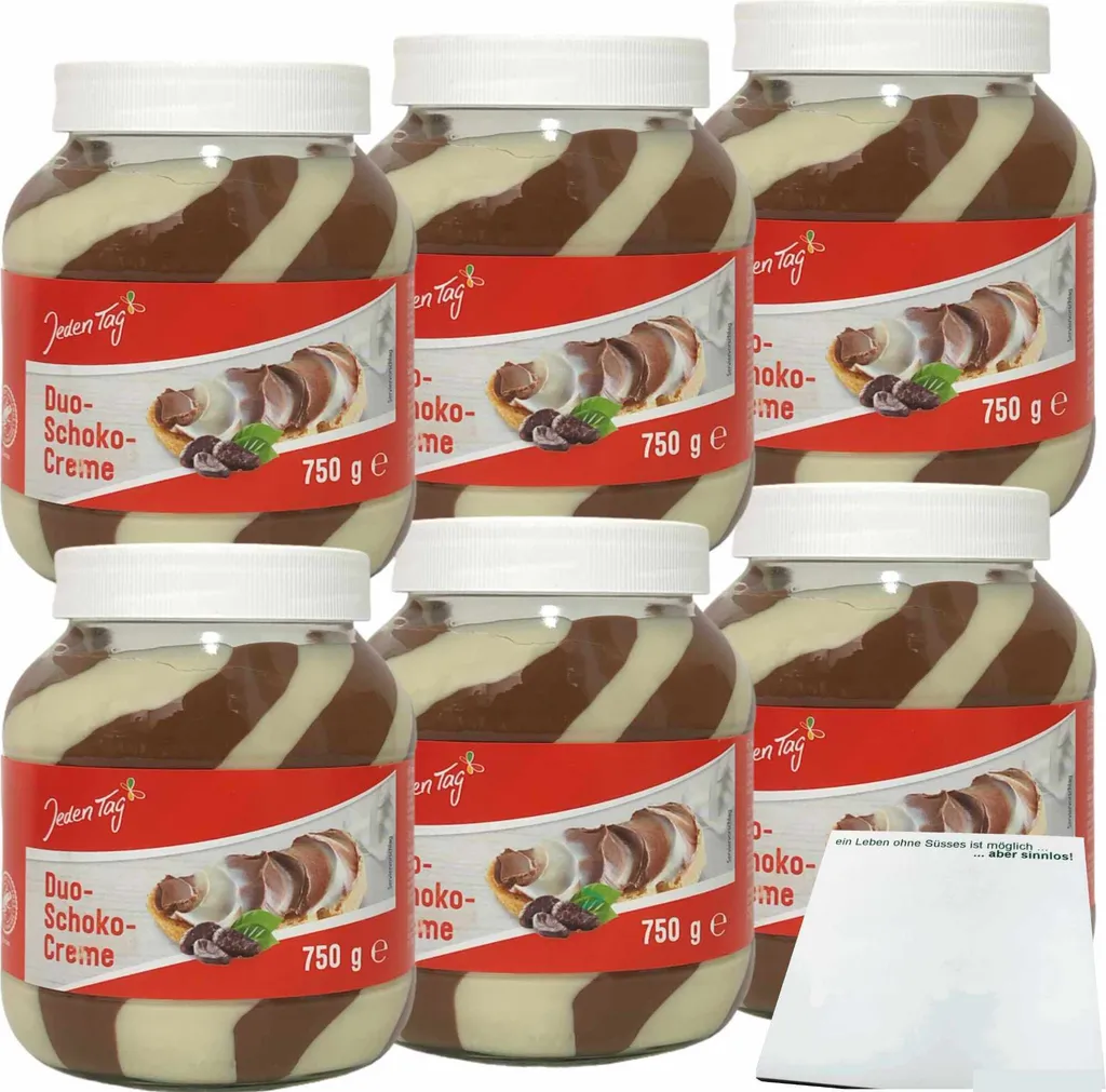 Jeden Tag Duo-Schoko-Creme Süßer Brotaufstrich 6er Pack (6x750g Glas) + usy Block