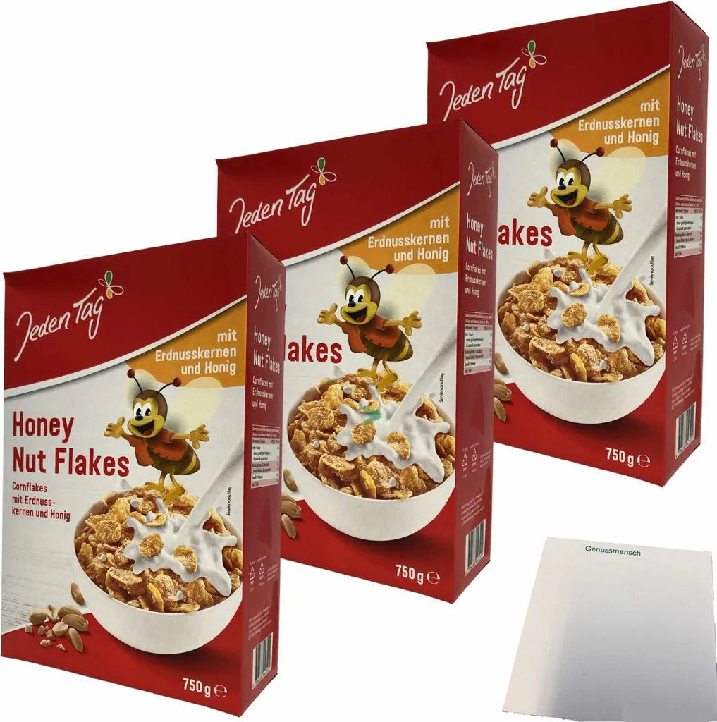 Every day Honey Nut Flakes Cornflakes with honey and peanut kernels 3-pack (3x750g pack) + usy Block