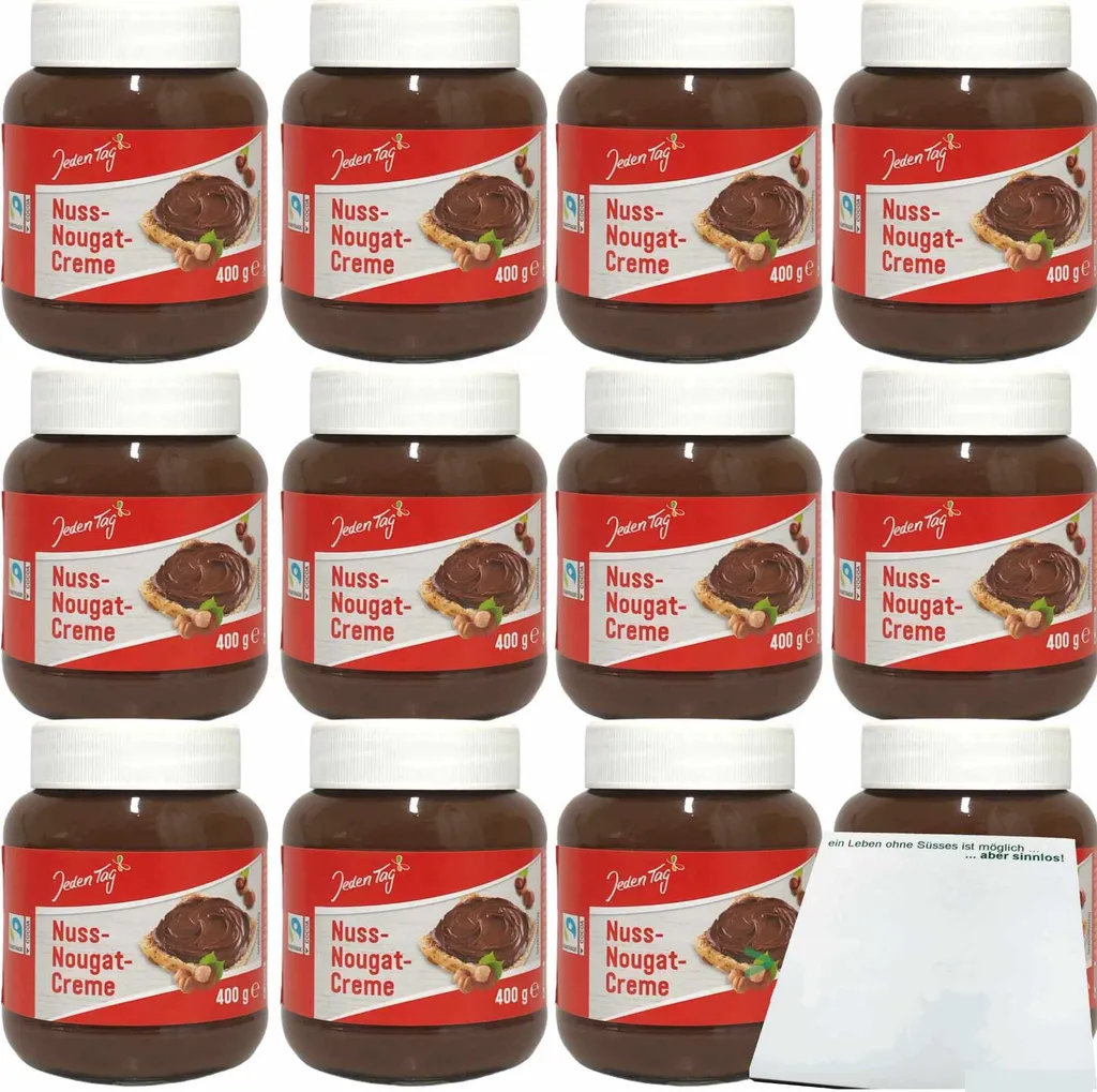 Jeden Tag Nuss-Nougat-Creme 12er Pack (12x400g Glas) + usy Block