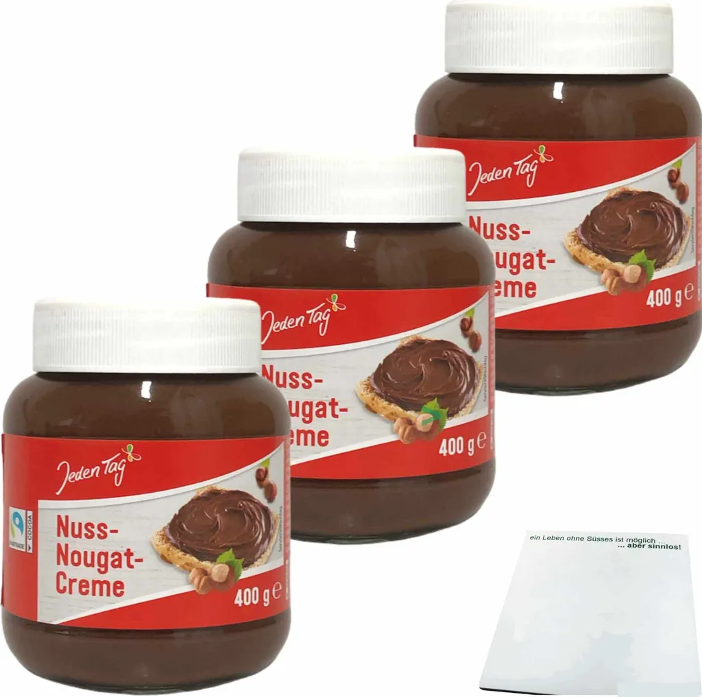 Jeden Tag Nuss-Nougat-Creme 3er Pack (3x400g Glas) + usy Block