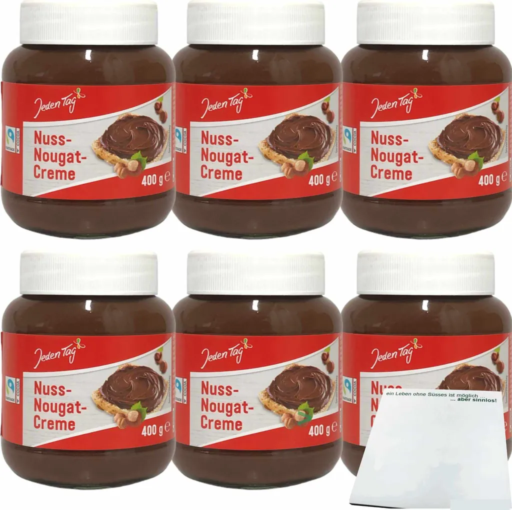Jeden Tag Nuss-Nougat-Creme 6er Pack (6x400g Glas) + usy Block