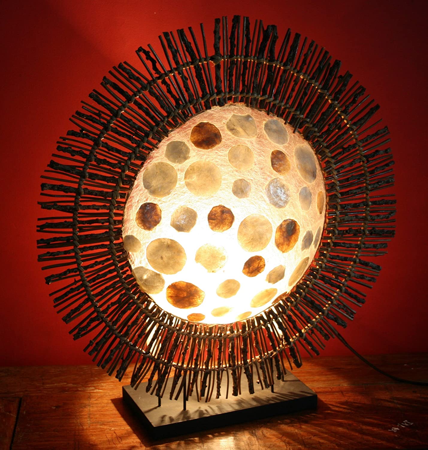 Guru-Shop Apollon 70 Table Lamp, Handmade in Bali, Natural Material, Bamboo, Cotton