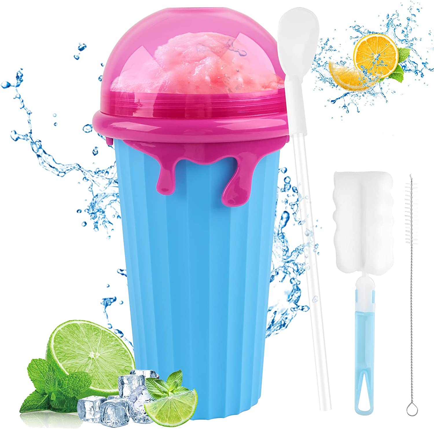 WUGU Slushy Cup, 500 ml Silicone Slushy Maker Cup with 2 in 1 Straw and Spoon, Slushy Ice Cream Cup with Cleaning Brush, Slushy Maker Cup for Various Drinks Smoothies (Blue)