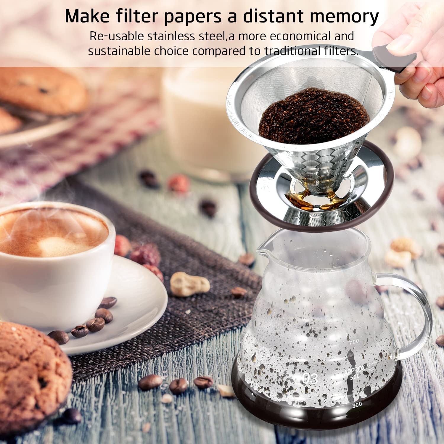 FOXAS Permanent Coffee Filter Stainless Steel Reusable Coffee Dripper Paperless Coffee Filter for Making Manual Coffee with Double Stainless Steel Mesh and Silicone Handle