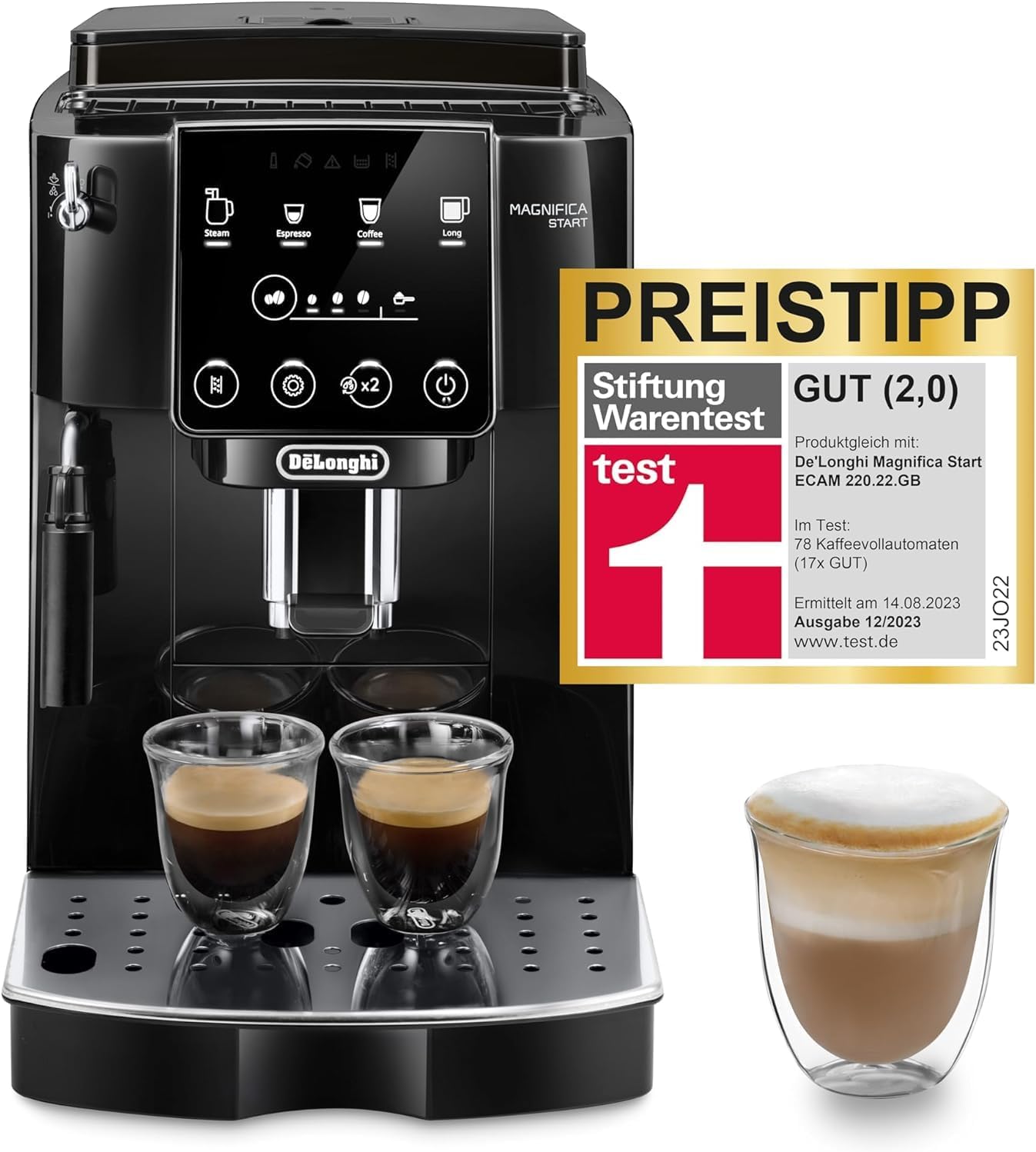 De\'Longhi Magnifica Start ECAM222.20.B Fully Automatic Coffee Machine with Milk Frothing Nozzle for Cappuccino with Espresso Direct Dial and 2x Function, 13-Stage Cone Grinder, Black with DLSC 500