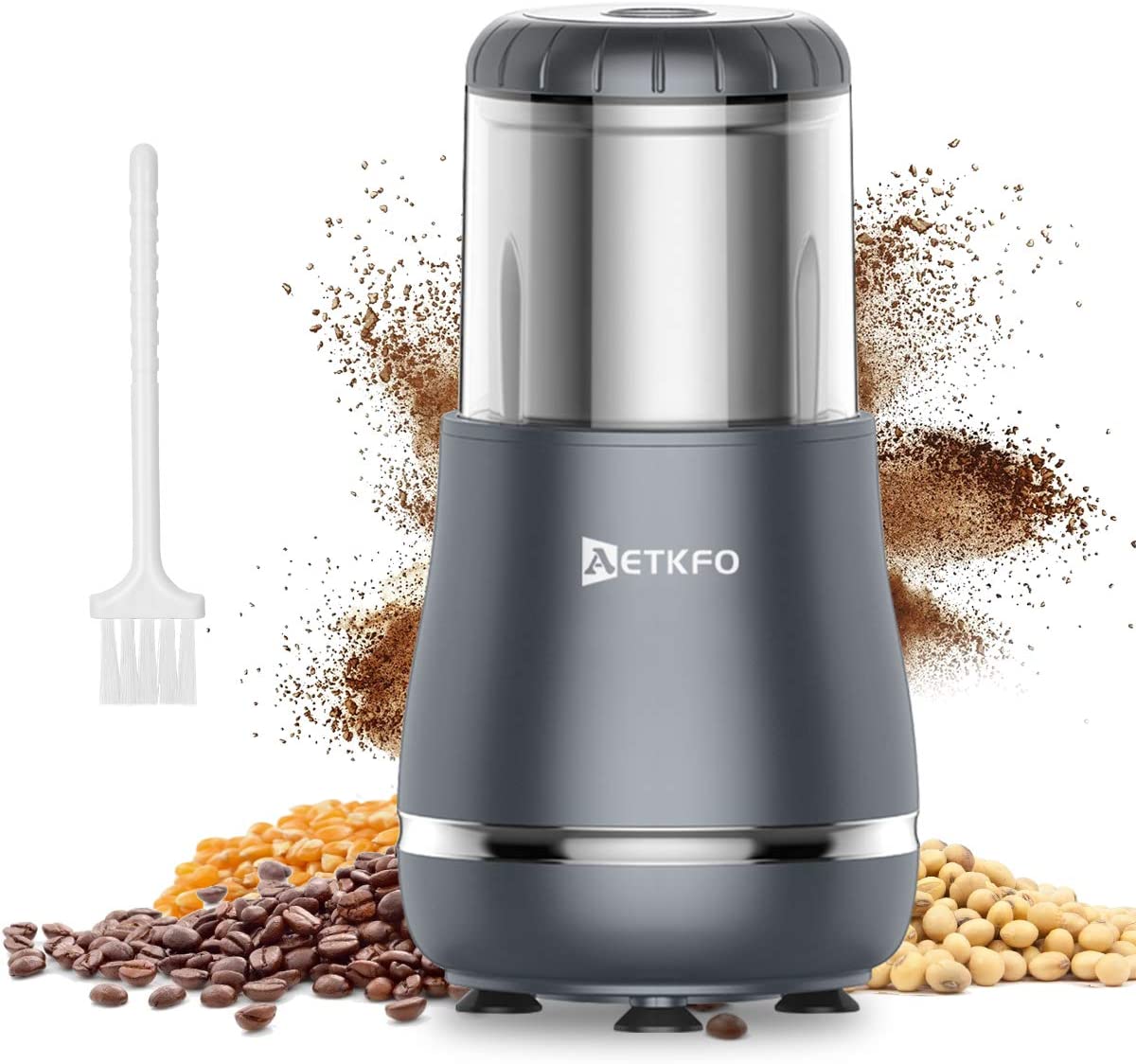 AETKFO Coffee Grinder, 300 W Electric Coffee Grinder, Coffee Beans, Nuts, Spices, Grain Mill with Stainless Steel Knife, 200 g Capacity for Coffee Beans, Spices, Grain Nuts (Silver)