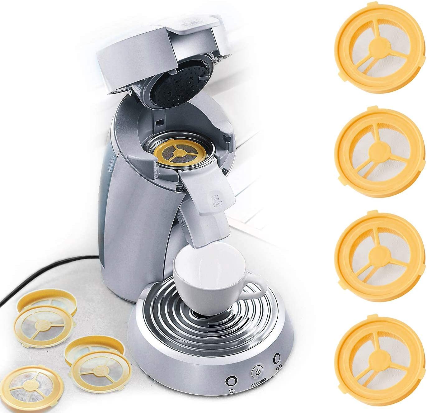 UPP Set of 4 Coffee Pads Reusable / Dishwasher Safe Permanent Filter Can be Filled with Coffee/Tea for Coffee, Tea, Pad Machines with Double Pad Holder Plastic Yellow Contents: 4 Pieces