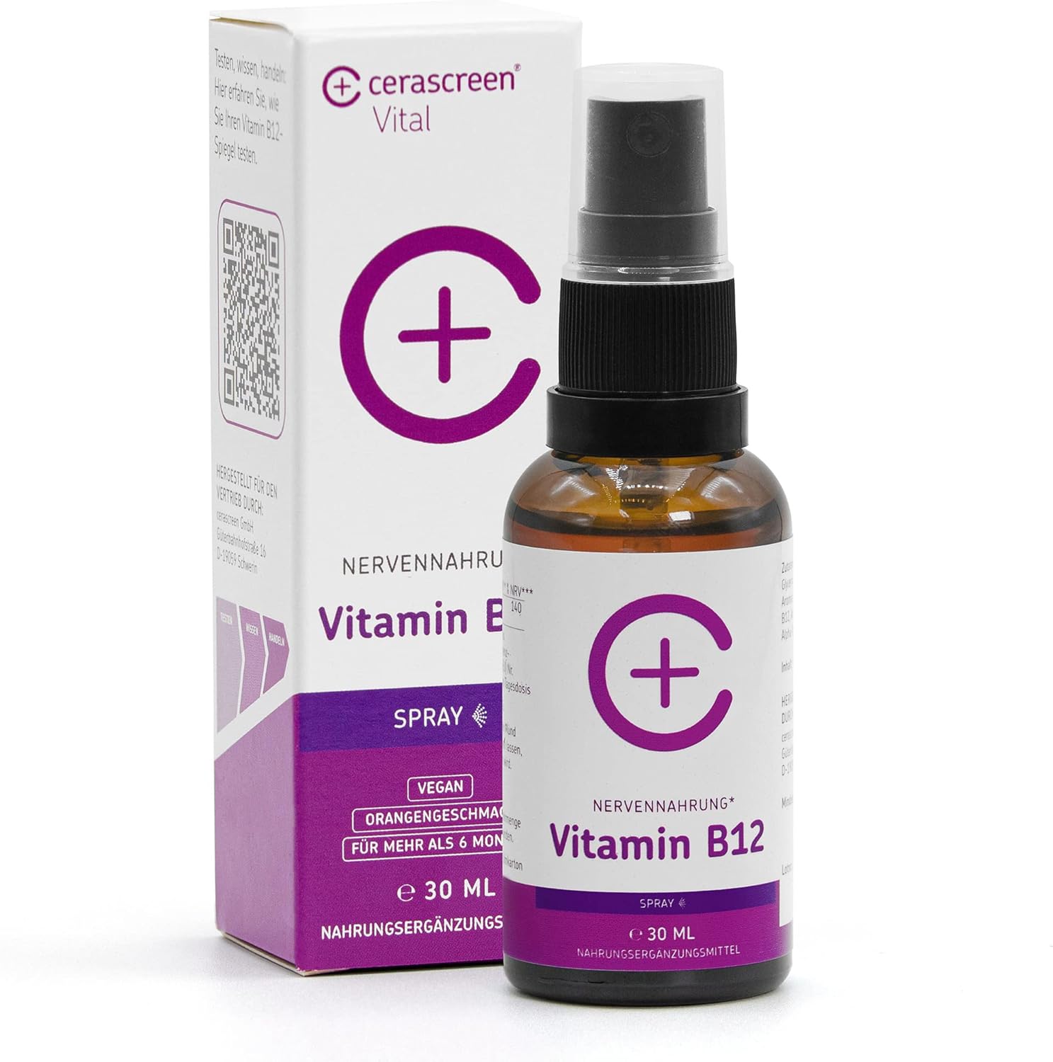 Cerascreen Vital Vitamin B12 Spray 30 ml (cyanocobalamin) | Orange | High Dose & Vegan | Natural Vitamin Complex for the Nerves | Against Fatigue and Exhaustion | Made in Germany
