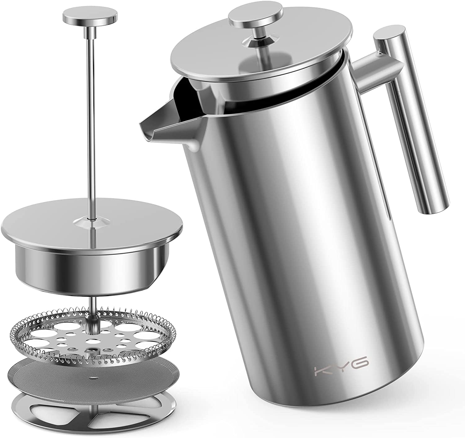 KYG Coffee Maker, Stainless Steel, French Press System with 5 Stainless Steel Filters, Double-Walled French Coffee Press, 1L