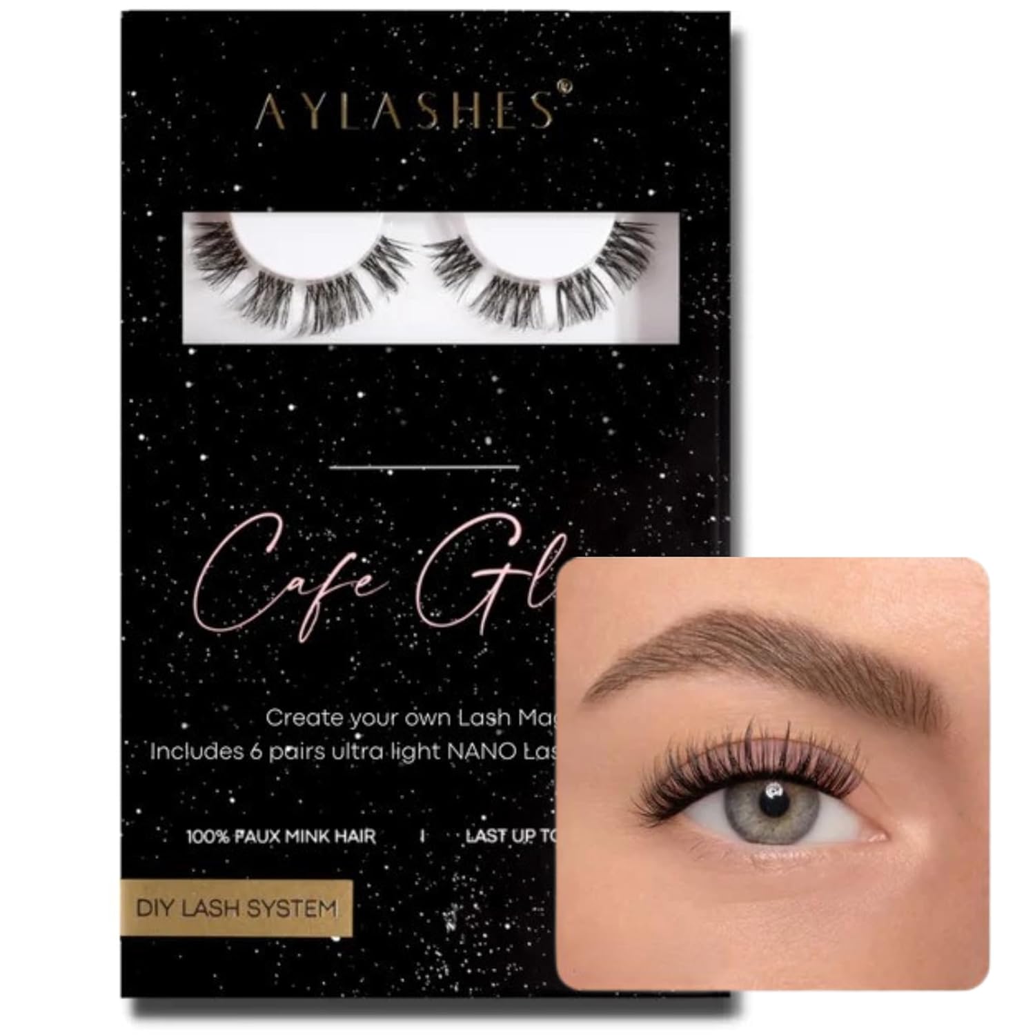 AYLASHES - DIY Eyelash Extensions Maxi Box Cafe Glam | 6 Pairs of Eyelashes | Up to 7 Days Hold | Eyelashes DIY Set for Home | Artificial Eyelashes | Adhesive Eyelashes | Cat Eye lashes | lash