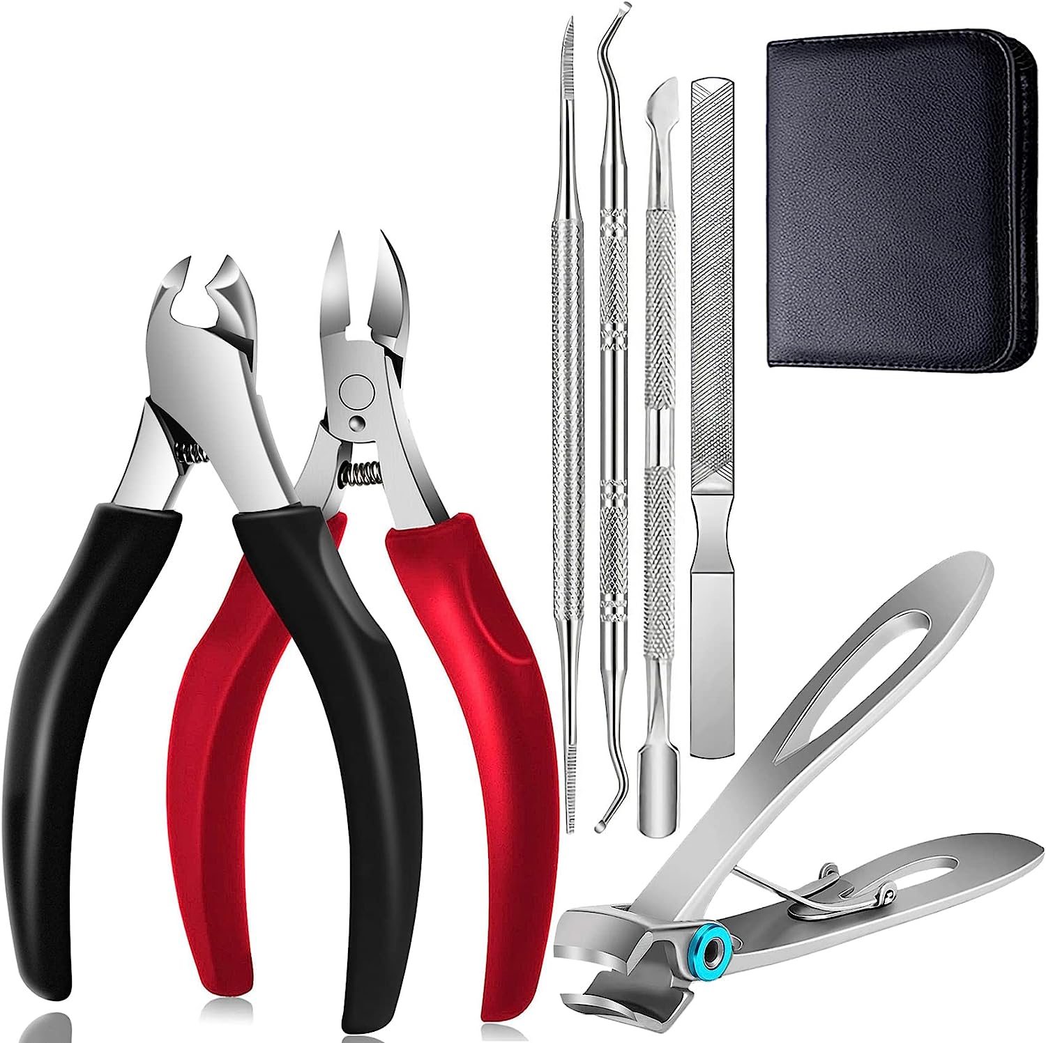 Professional footnail pliers set, nail tongs for thick & ingrown hard toenails. Stainless steel pedicure snap nail clipper, nail file and footnail nail scissors set bag