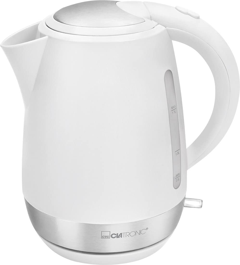 Clatronic WK 3691 Electric Kettle 1.7L, Concealed Heating Element, Limescale Filter Automatic and Manual Shut Off, 2 Max External Water Level Indicator, 2200 Watt, White