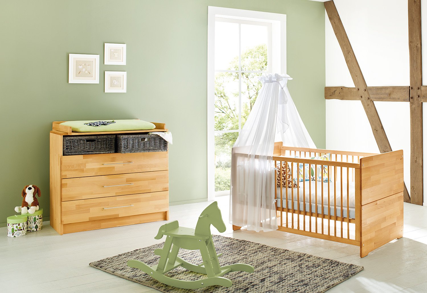 Pinolino Natura 2-Piece Cot Set Wide 140 x 70 cm and Wide Changing Table with Changing Mat Solid Beech Oiled (Item No. 09 21 74 B)