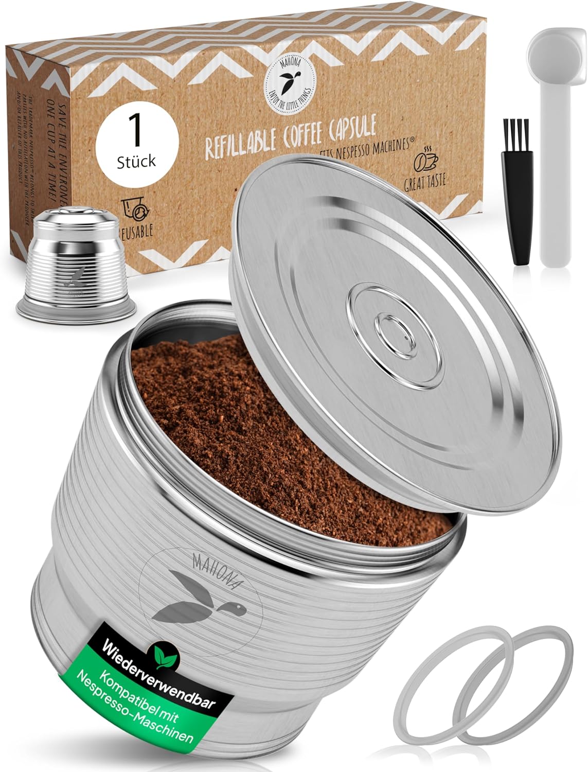 Refillable Stainless Steel Coffee Capsule for Refilling, Reusable Refill Capsule for Environmentally Conscious Coffee Lovers, Compatible with Nespresso Machines + Capsule Holder mahona