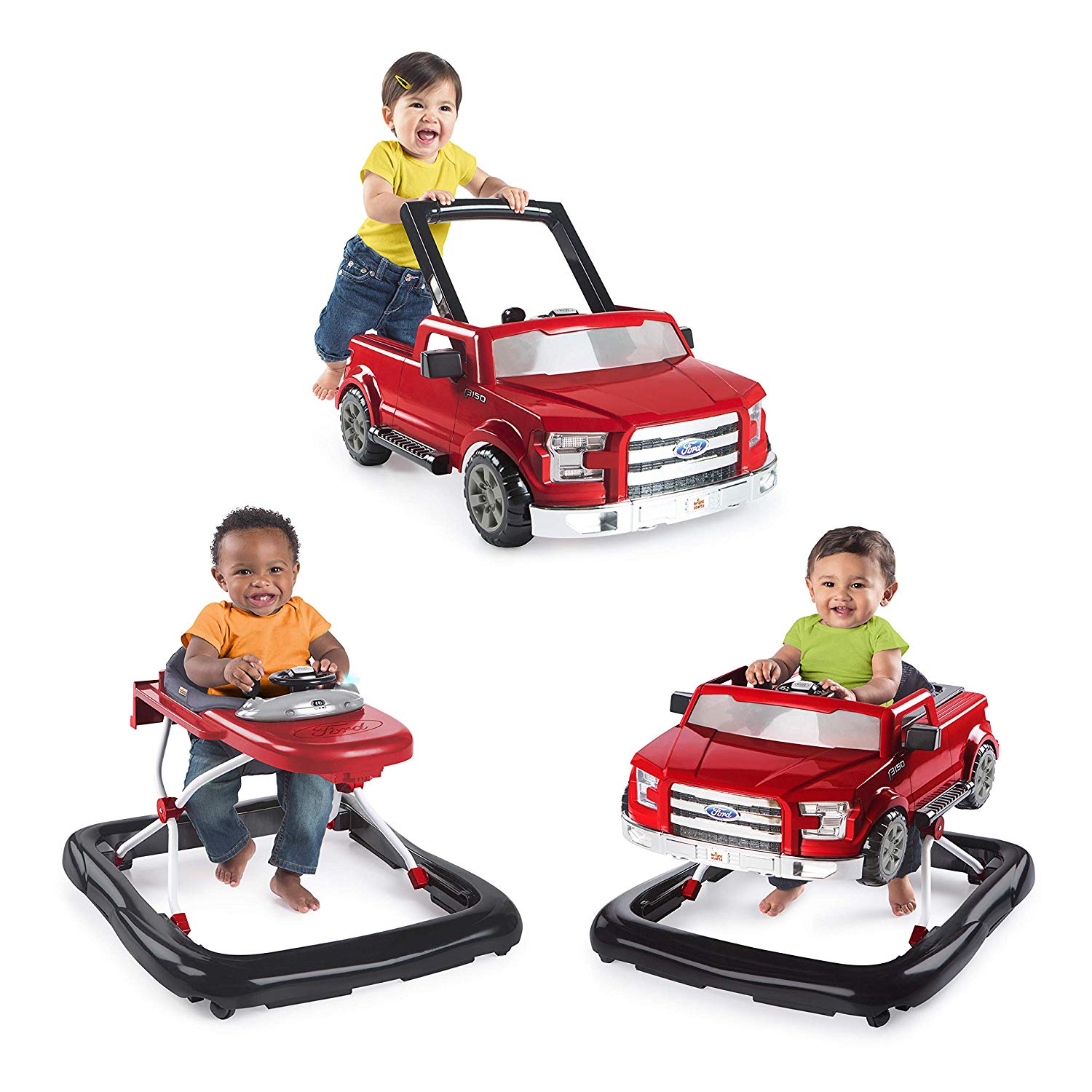 Bright Starts, Ways to Play Walker, Ford F-150, Red, 4 in 1 Walker, Height Adjustable, Foldable for Two Children at the Simultaneous, with Sounds and Lights, Children from 6 Months