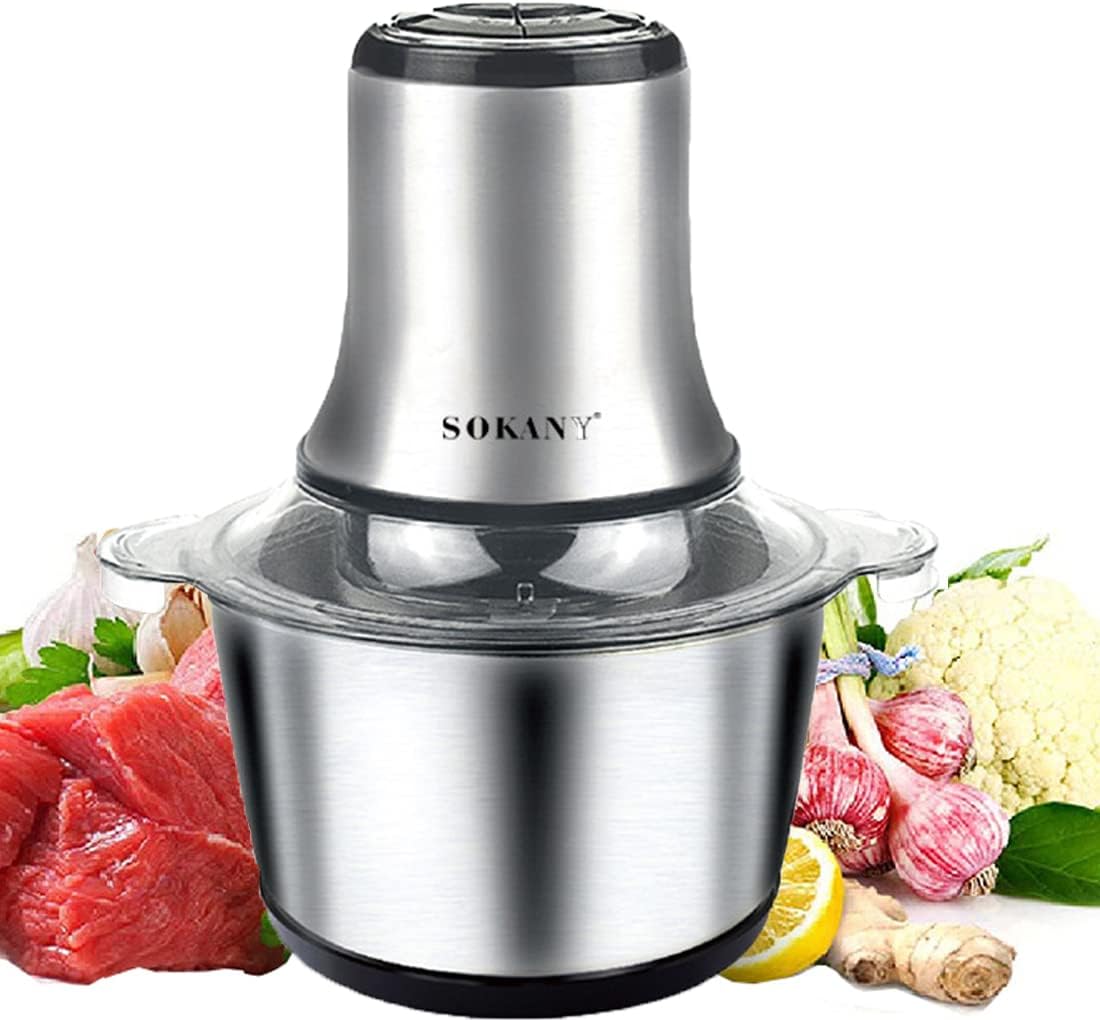 SOKANY 800 W Electric Kitchen Chopper with 3L Stainless Steel Bowl, Multi Chopper with 2 Speed ​​Levels, Meat Grinder with 4 Blades for Meat, Onions, Fruit, Vegetables