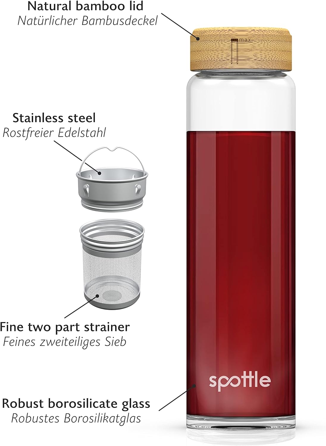 spottle Tea Bottle with Strainer to Go 1 Litre - Drinking Bottle for Glass Tea in 500 ml, 650 ml, 1 L - Teapot - Tea Maker - Tea Mug - Tea Bottle