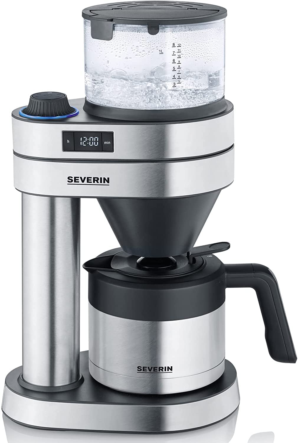 SEVERIN Caprice KA 5761 Filter Coffee Machine with Thermos Jug, Hand-Brew Coffee Maker for up to 8 Cups, Coffee Machine with Timer, Brushed Stainless Steel / Black