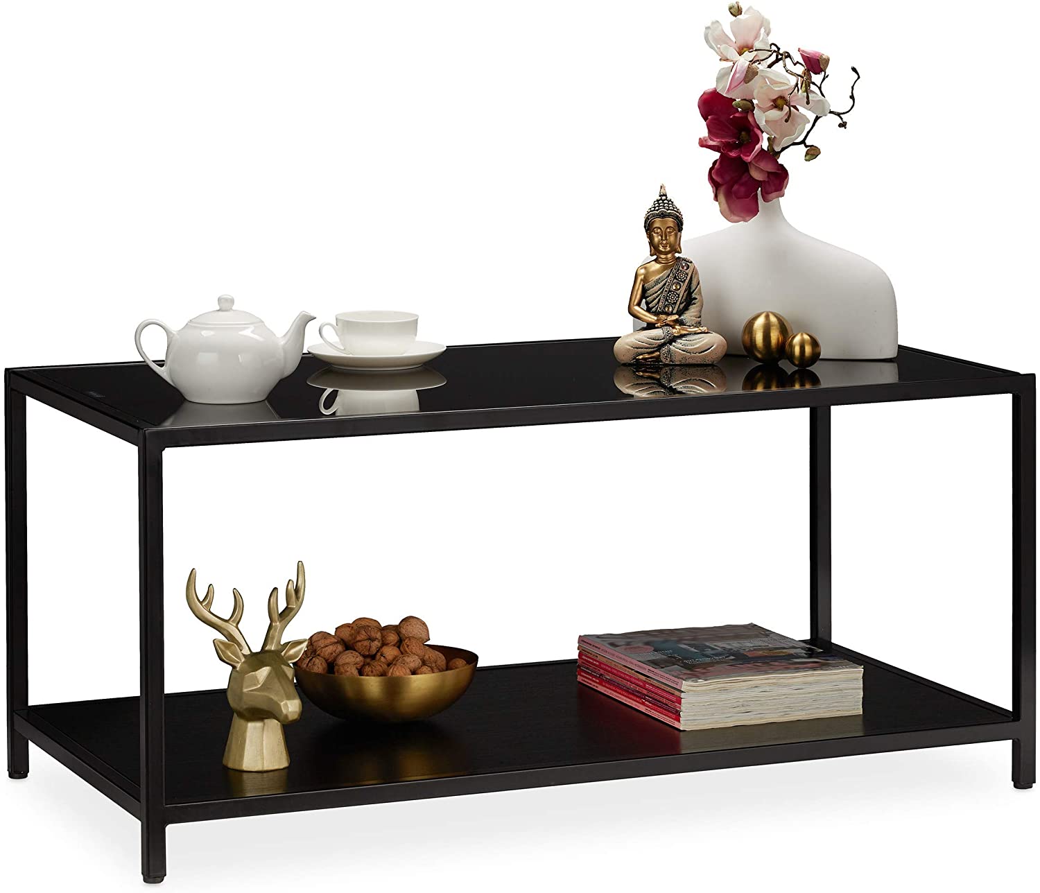 Relaxdays Glass Coffee Table For Living Room, 2 Shelves In Metal Frame, Hxw