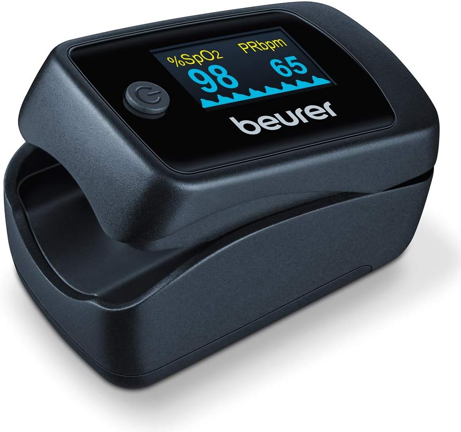 Beurer PO 45 pulse oximeter, measures oxygen saturation (SpO2), heart rate (pulse) and perfusion index (PI), painless application, color display, 1 piece (1-pack)