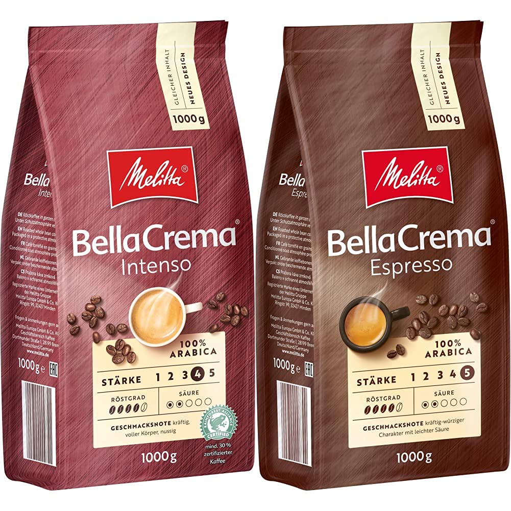 Melitta Bellacrema Intego, entire coffee beans, strength 4, 1kg & Bellacrema espresso, entire coffee beans, strength 5, 1kg