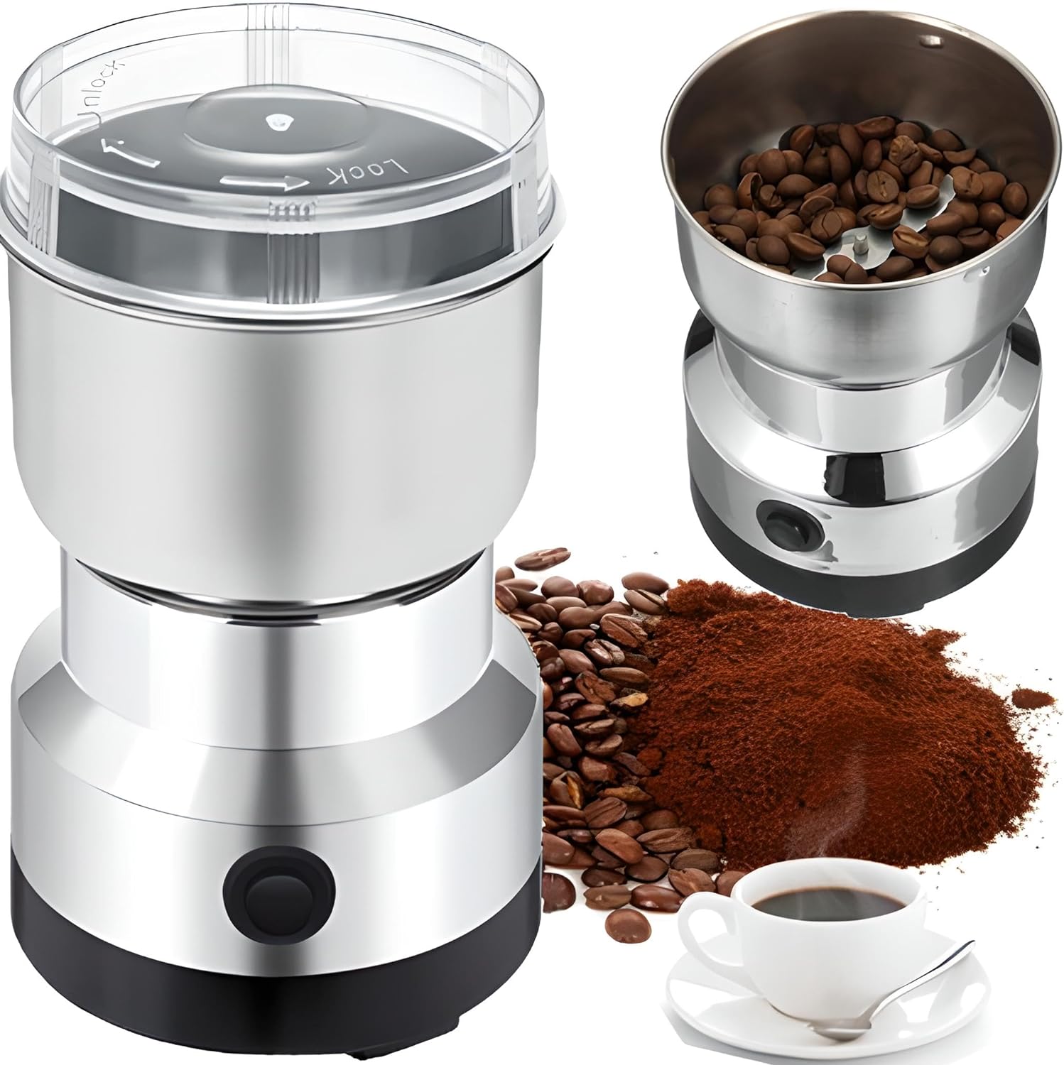 Retoo Coffee Grinder Electric Coffee Grinder Electric Spice Mill Coffee Mill Portafilter Spice Nuts Coffee Sugar Mill Coffee Grinder 50 g Capacity 300 W Motor Stainless Steel Impact Knife