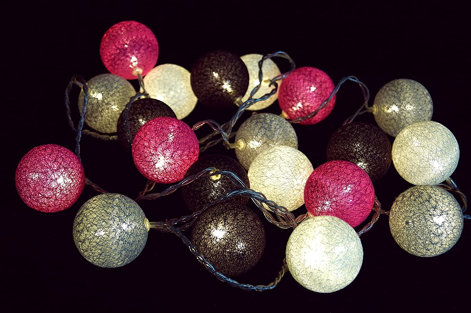 Modern Colours Grey, Brown And Red Fabric Ball Battery Fairy Light String 