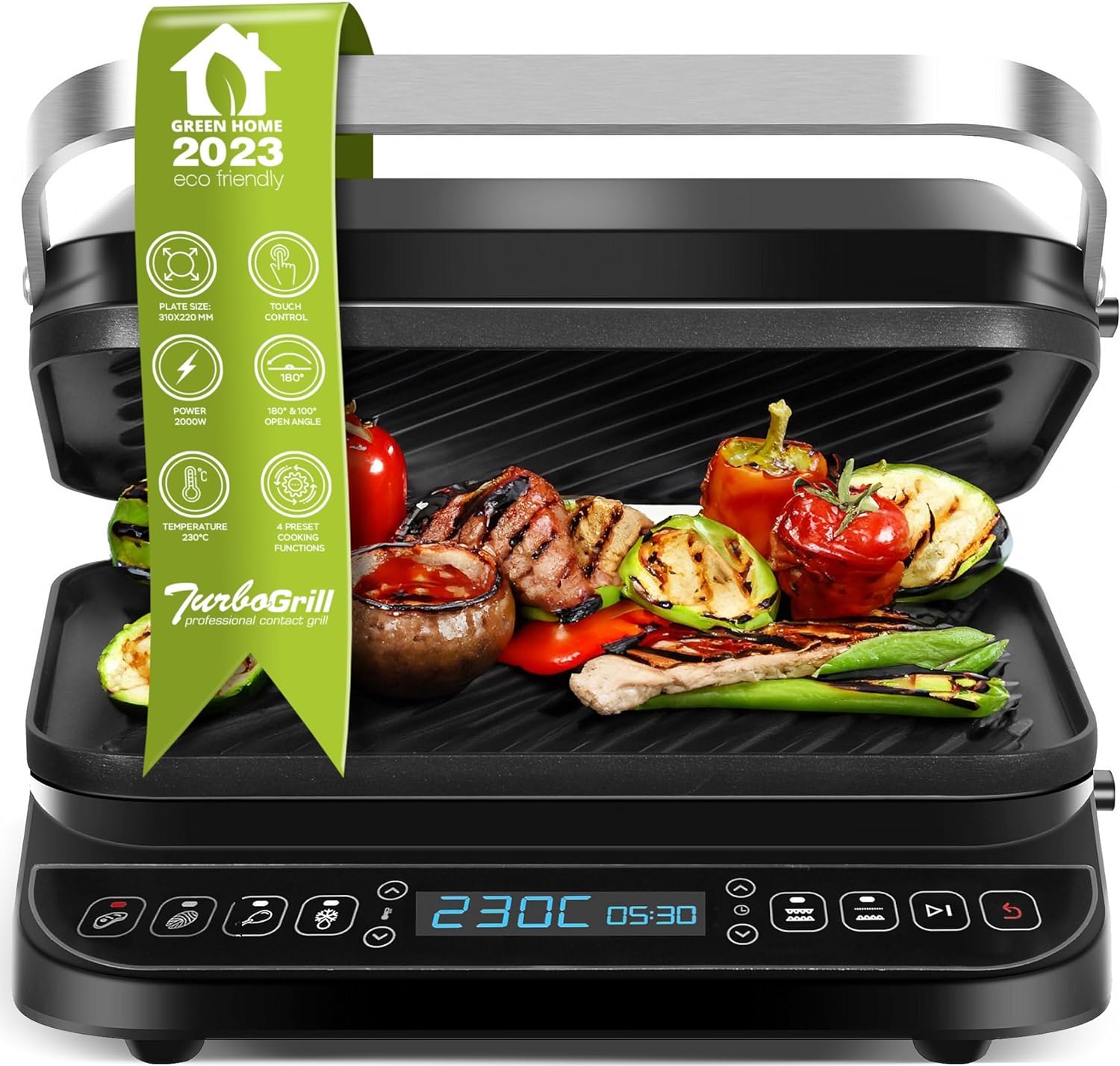 TurboTronic CG900 Contact Grill, Removable Plates, LCD Display, Digital, 180° Opening, Table Grill, Panini Maker, Electric Grill, Meat Grill, Burger Grill, Steak Grill, Sandwich Toaster, Silver