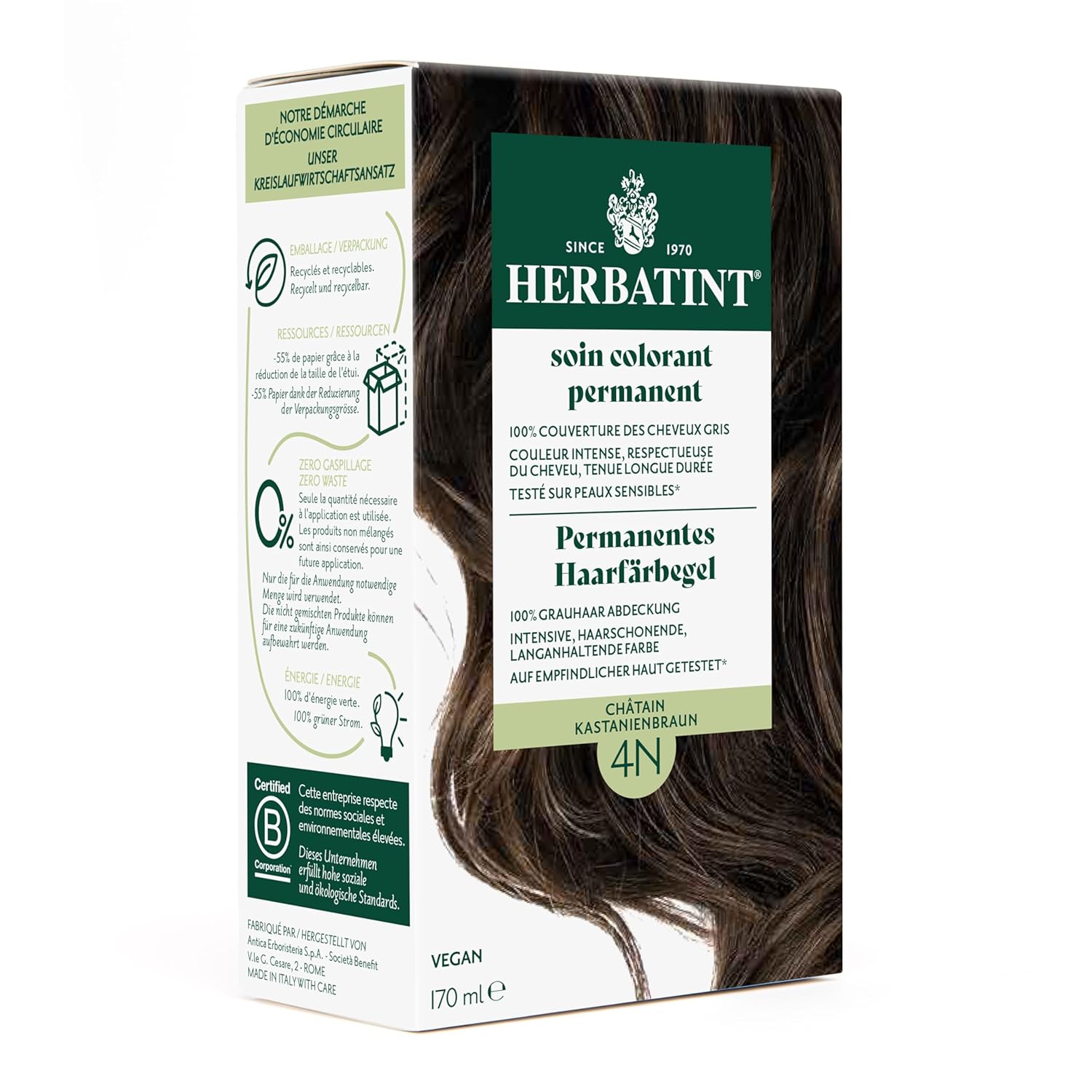 Herbatint Permanent Hair Dye Gel 4N Chestnut Brown - 170 ml I No Ammonia, 100% Gray Hair Coverage I Tested for Sensitive Skin with 8 Plant Extracts