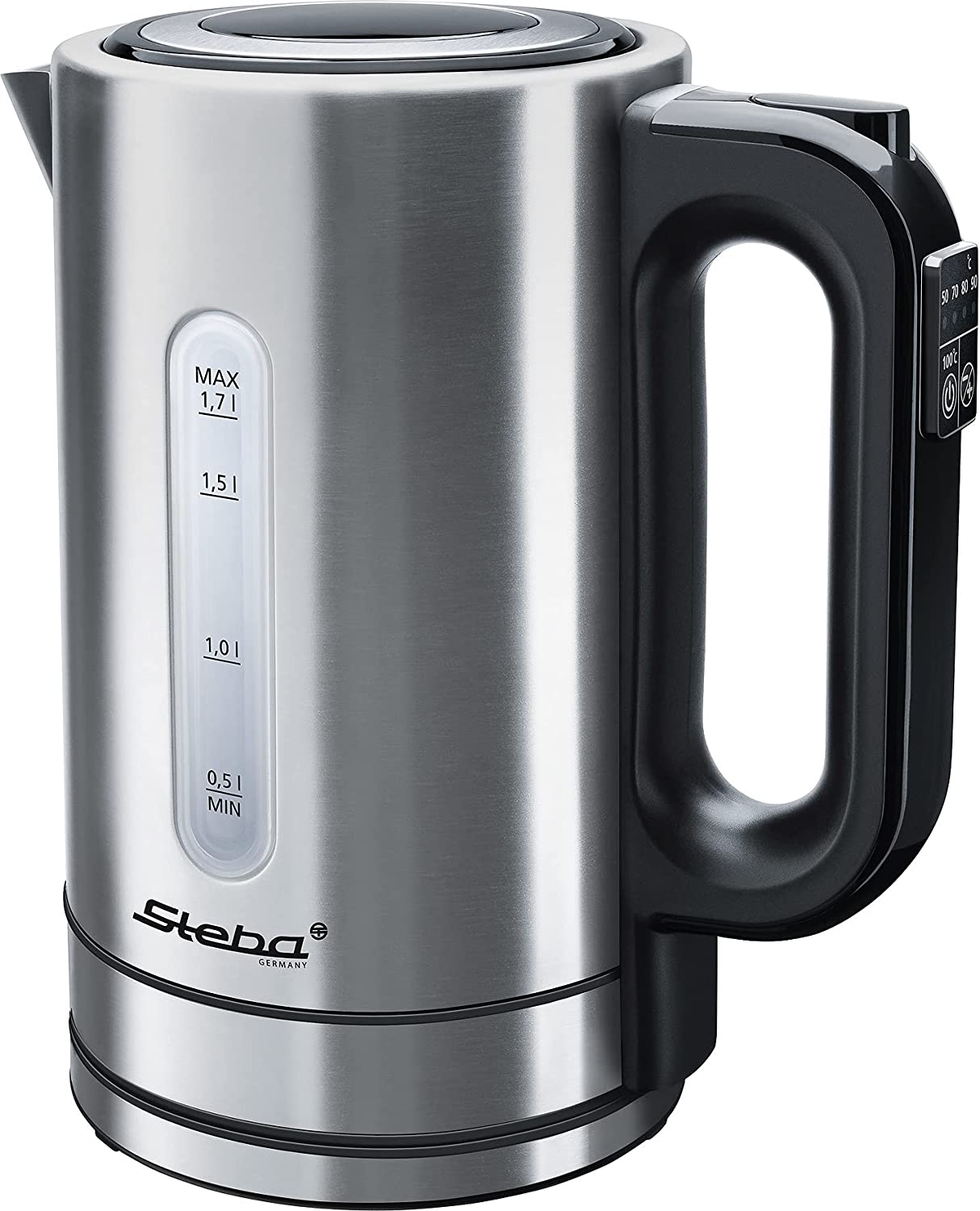 Steba WK 21 kettle (stainless steel), temperature adjustable: 50, 70, 80, 90, 100 °C with colour temperature display, 1.7 litre capacity, easy lid opening at the touch of a button, water level indicator