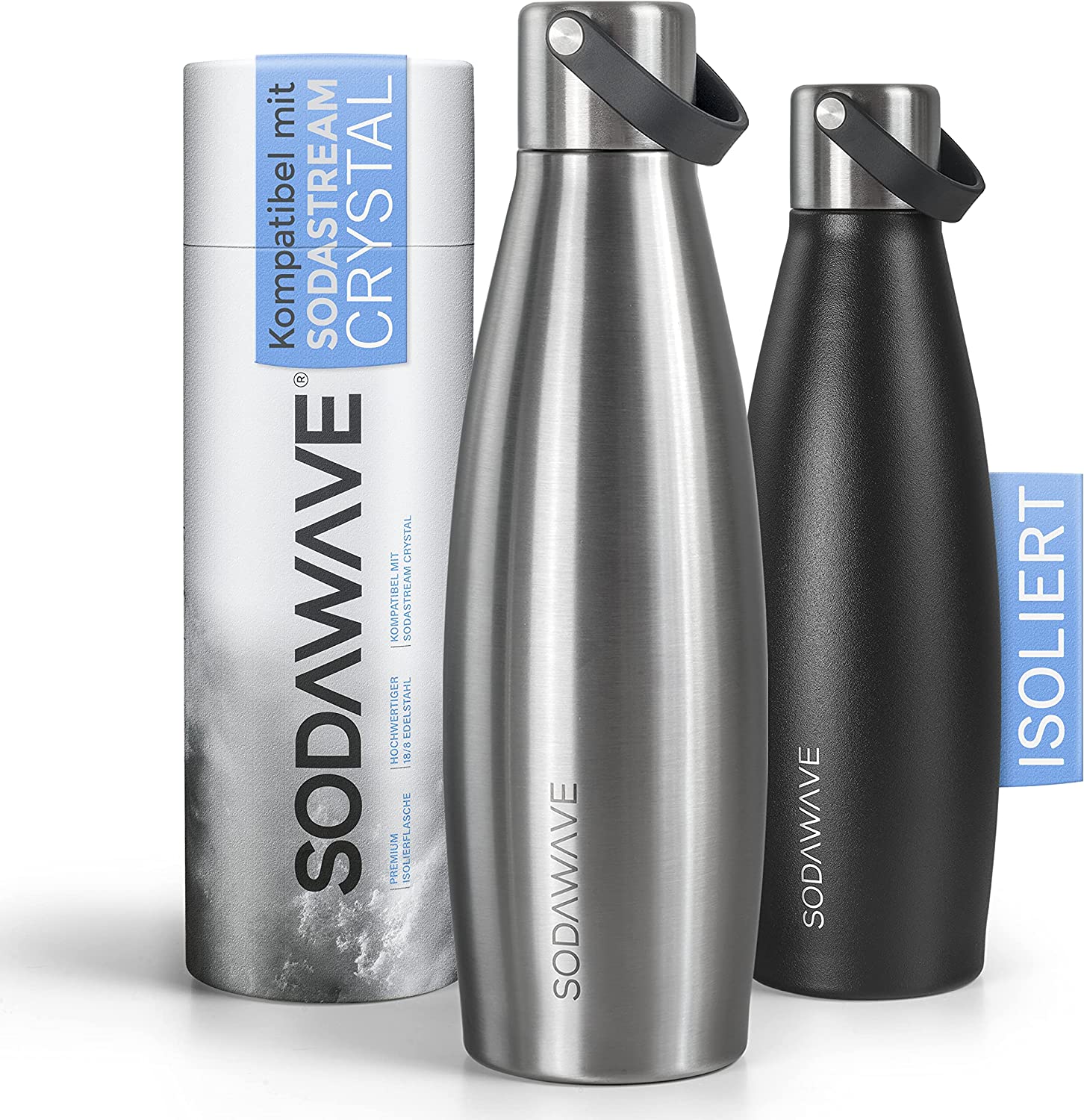SODAWAVE® Stainless Steel Water Bottle [620 ml] Compatible with SodaStream Crystal 2.0, Double-Walled Thermal Stainless Steel Drinking Bottle, 100% Leak-Proof Bottle, Ideal for Travel (Stainless Steel)
