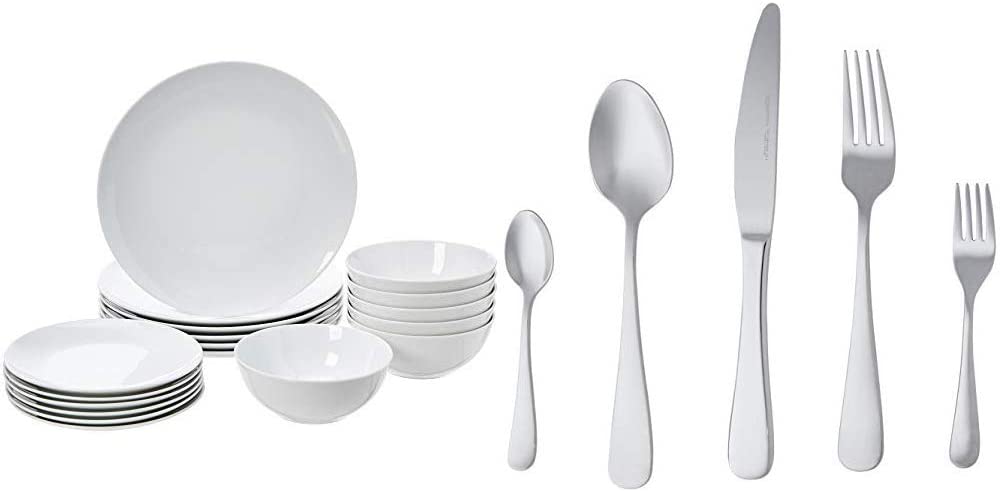 AmazonBasics Amazon Basics - 18-piece white porcelain coupe for 6 people & cutlery set with square rim, stainless steel, 20-piece set, for 4 people