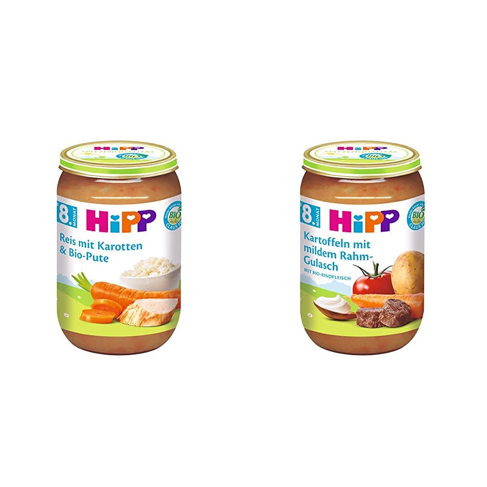 HiPP Reis mit Karotten und Bio-Pute Bio, 6er Pack (6 x 220 g) & Kartoffeln mit mildem Rahm-Gulasch, 6er Pack (6 x 220 g)