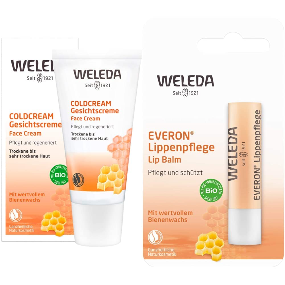 WELEDA Organic Coldcream (1 x 30 ml) & Bio Everon Lip Care, Natural Cosmetics Lipstick Made of Shea Butter and Rose Wax for Care and Protection Dry Lips, with Natural UV Protection, 4.8 g (Pack of 1)