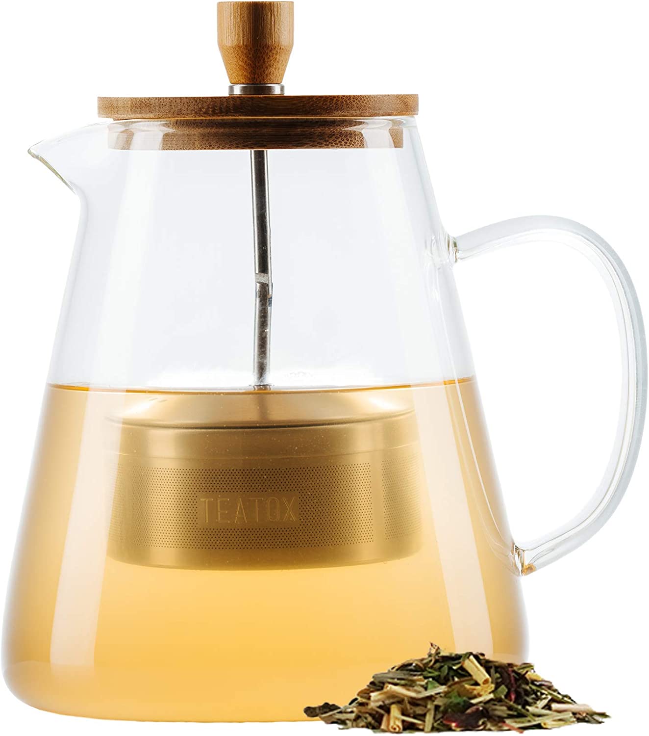 TEATOX® Glass teapot with lid and strainer insert, 1.5 litres, practical glass tea maker, the perfect tea accessory with bamboo lid, tea maker as a gift and for home, with stainless steel strainer