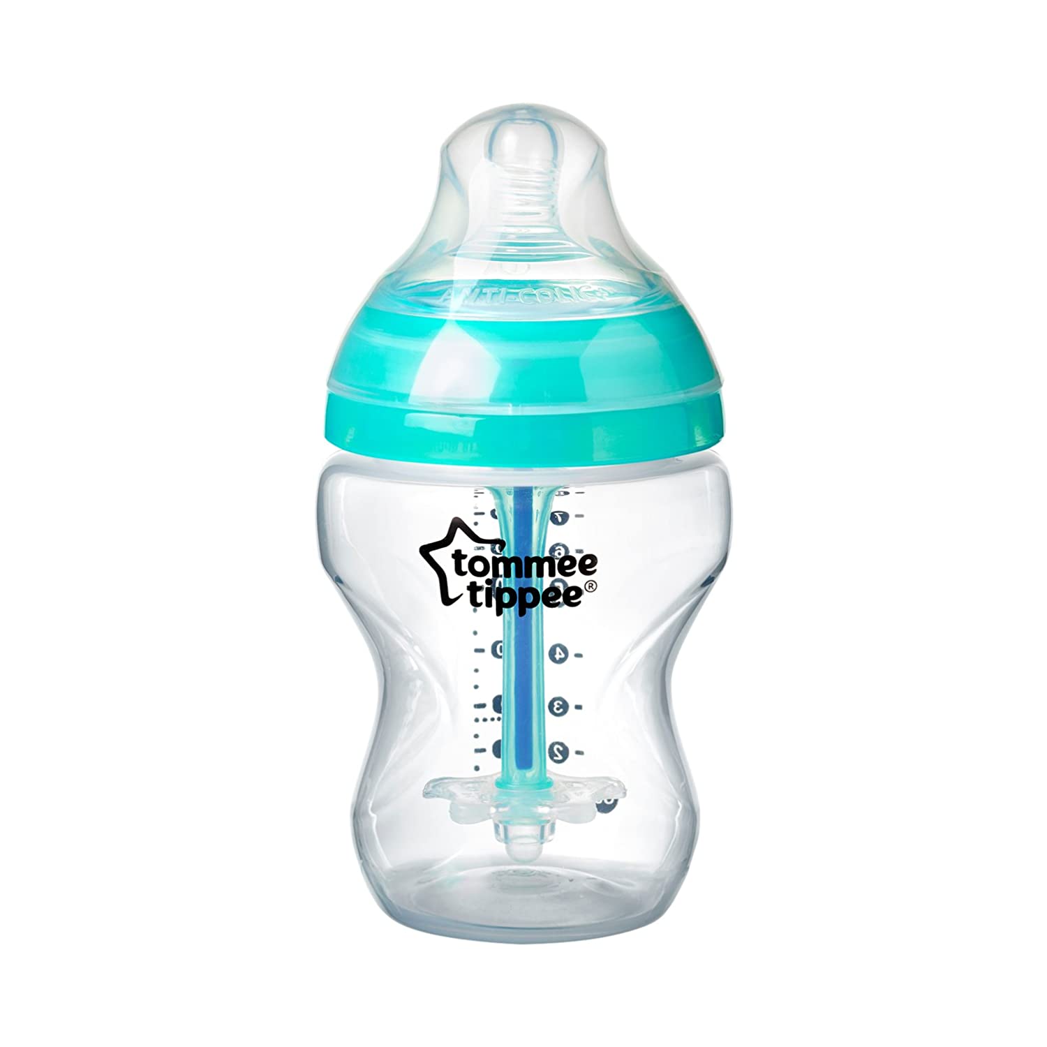 Tommee Tippee Anti-Colic Baby Bottle, Naturally Shaped Teat and Special Anti-Colic Vent System, 260 ml, Set of 1, Clear (Colour and Design May Vary)