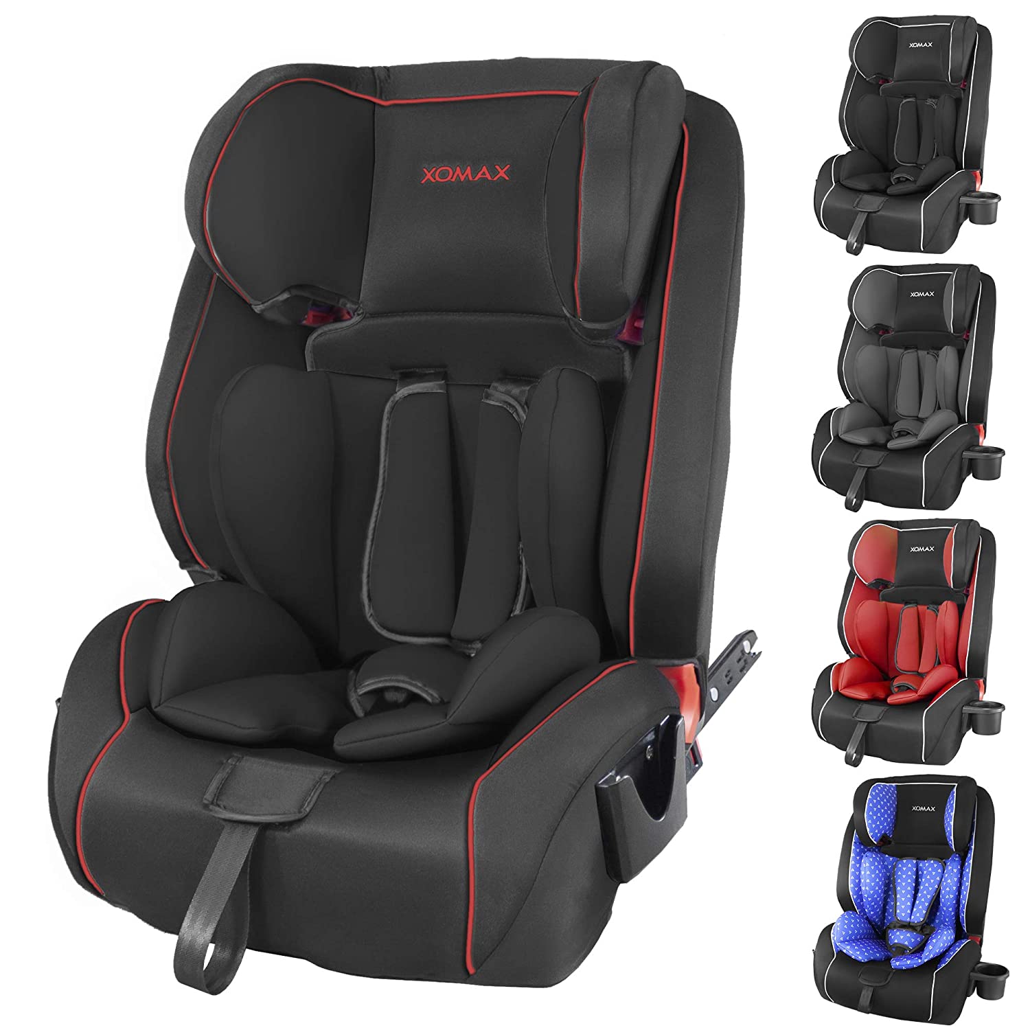 Xomax HQ668 Isofix Child Car Seat, 9 - 36 kg with Bottle Holder, Grows with Your Child: 1 - 12 Years, Group 1 / 2 / 3, 5-Point Harness and 3-Point Harness, Removable and Washable Cover, ECE R44/04 black/red