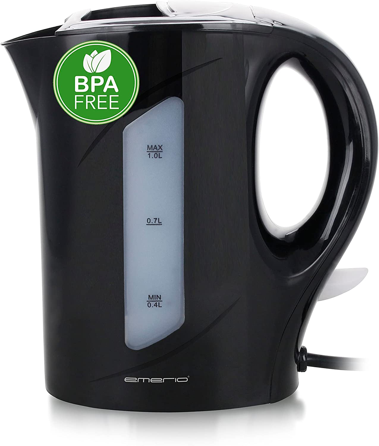 Emerio Kettle, 1.0 Litre, 900 Watt, Water Level Indicator, BPA Free, Boil Dry Protection, Illuminated On/Off Switch, Ideal for Home, Camping or Office, WK-121616.1, Black